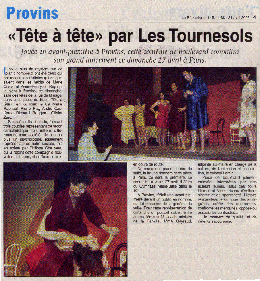Article sur la pi&egrave;ce de th&eacute;&acirc;tre T&ecirc;te &agrave; t&ecirc;te de Kee avec Richard Roggero